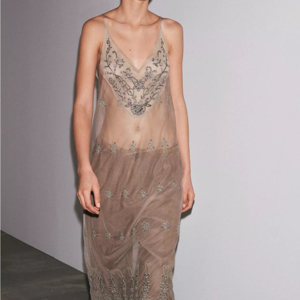 Zara Sheer Embroidered Maxi Dress - Gray